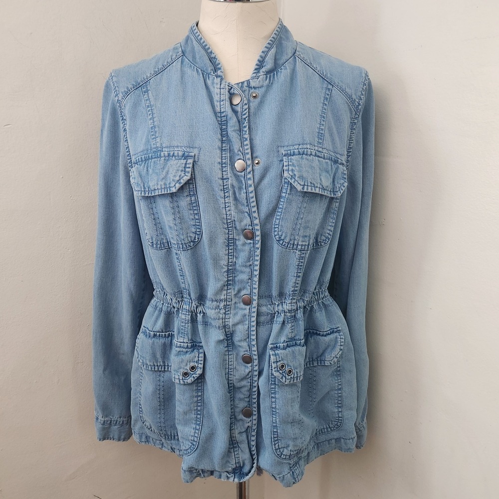 Style & Co Womens Medium Blue Tencel Lyocell Utility Denim Shacket Cinched Waist